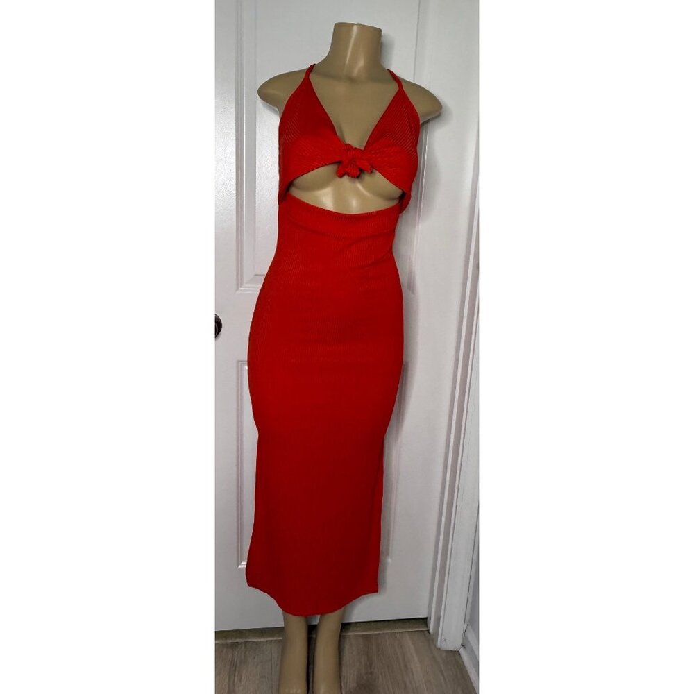 Red Ribbed Cut-Out Halter Midi Dress With Side Slit Adjustable Straps And Tie Fr